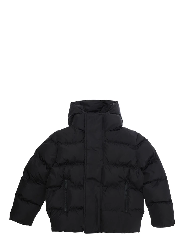 Black Down Jacket with Hood and Back Logo in Techn Fabric Boy