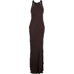 Brown Halterneck Long Dress with Lace Embellishment on the Rear in Viscose Woman