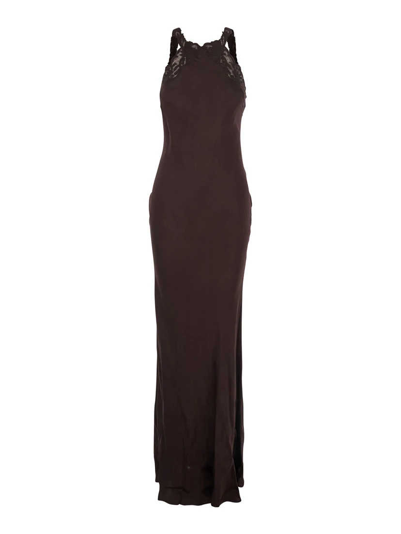 Brown Halterneck Long Dress with Lace Embellishment on the Rear in Viscose Woman