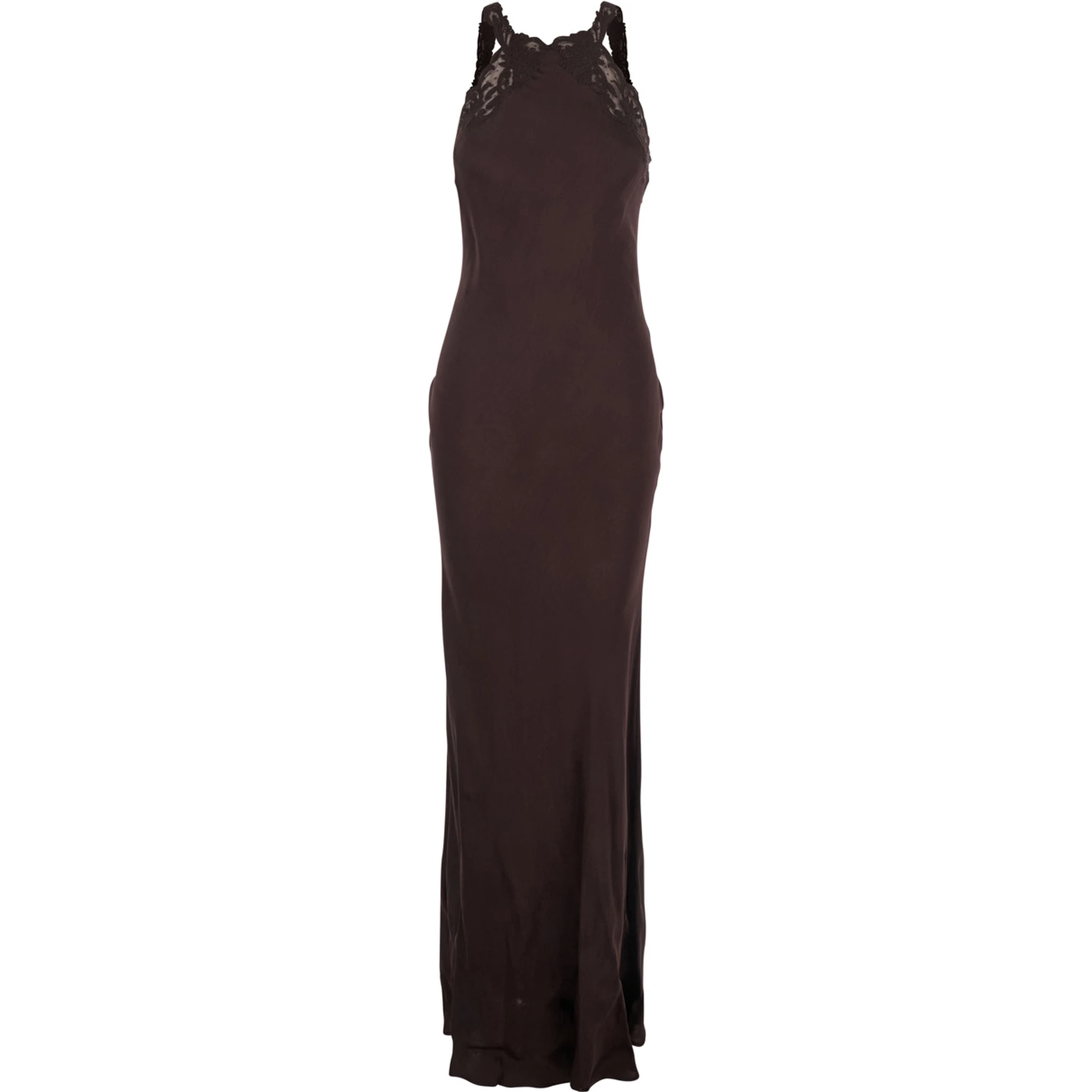 Brown Halterneck Long Dress with Lace Embellishment on the Rear in Viscose Woman