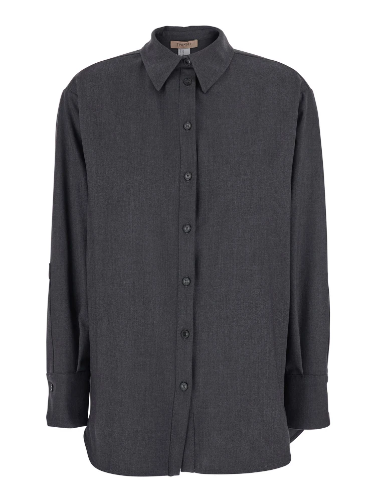 Grey Shirt with Classic Collar and Logo Plaque on the Rear in Viscose Blend Stretch Woman