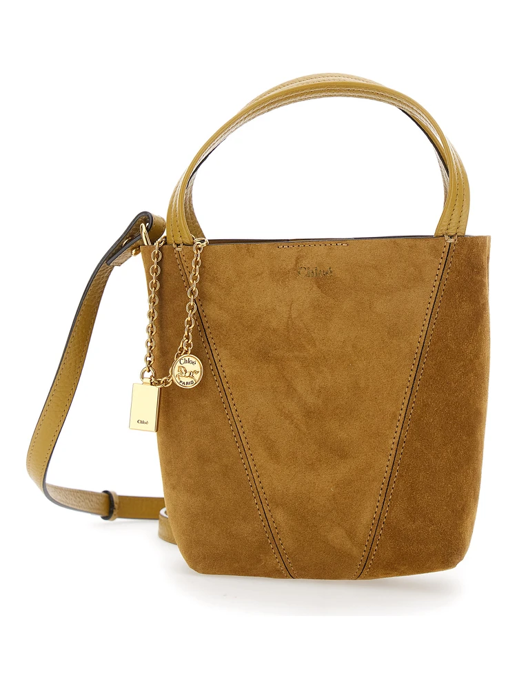 Spin Beige Shoulder Bag with Adjustable and Removable Shoulder Strap and Logo Charm on the Front in Suede Woman