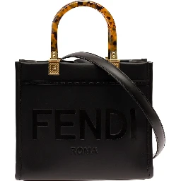 Sunshine Small Black Tote Bag with Embossed Logo and Tortoiseshell Handles in Leather Woman