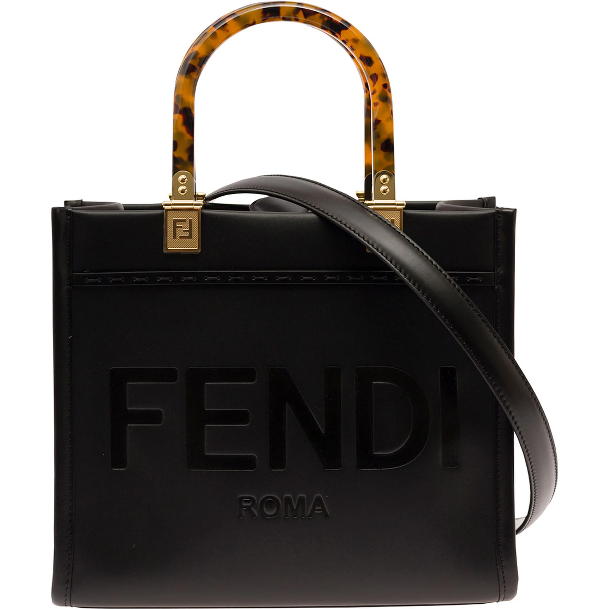 Sunshine Small Black Tote Bag with Embossed Logo and Tortoiseshell Handles in Leather Woman