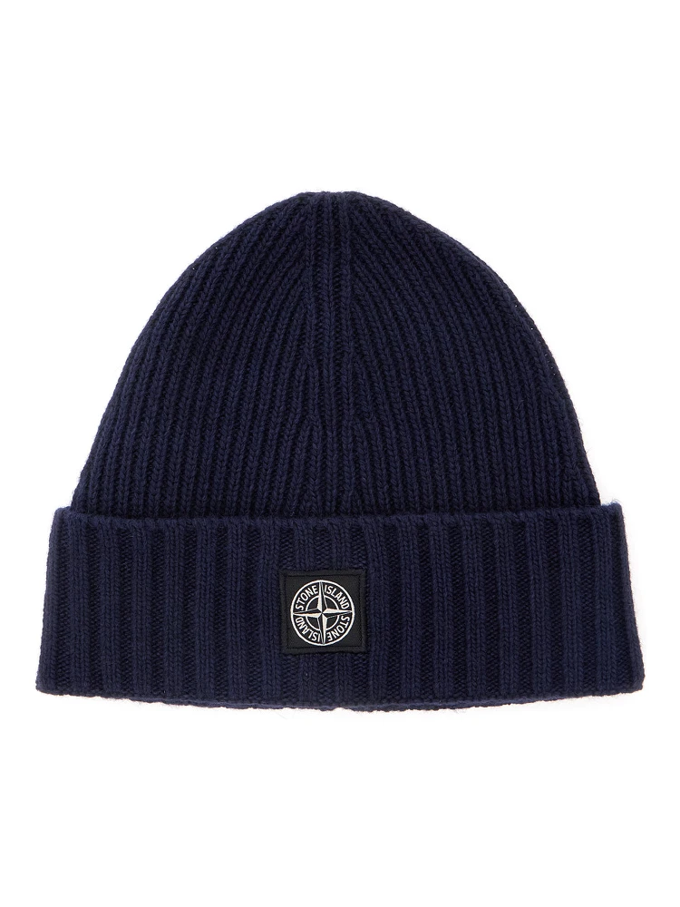 Blue Beanie with Logo Patch on the Front in Wool Blend Boy