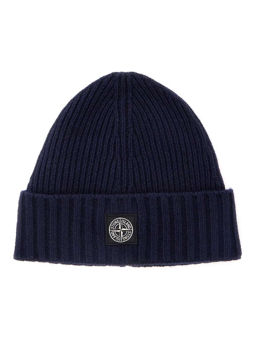 Blue Beanie with Logo Patch on the Front in Wool Blend Boy