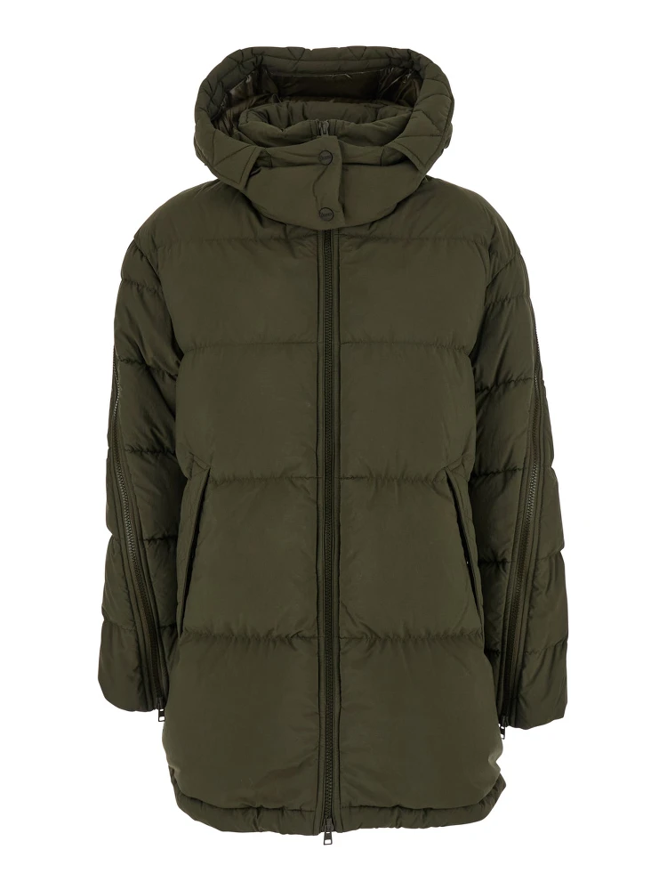 Green Down Jacket with Quilted Design and Removable Hood in Tech Fabric Woman