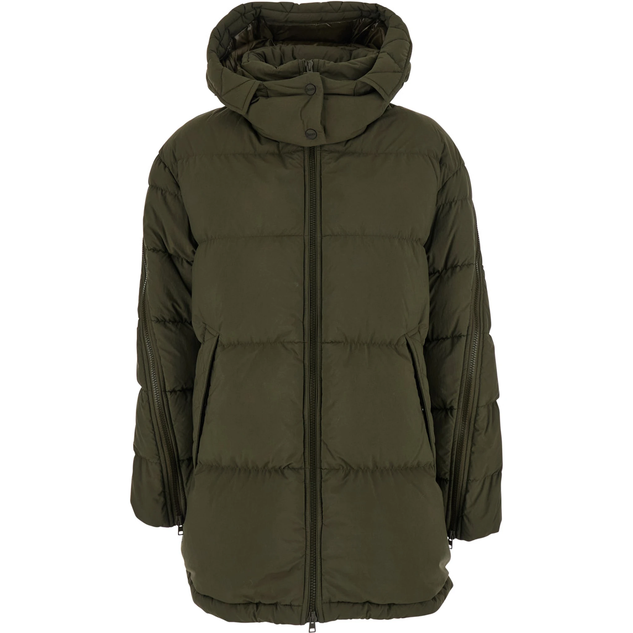 Green Down Jacket with Quilted Design and Removable Hood in Tech Fabric Woman