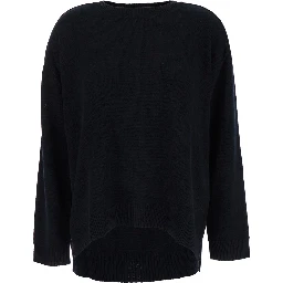 Black Crewneck Sweater with Asymmetric Hem in Wool and Cashmere Woman