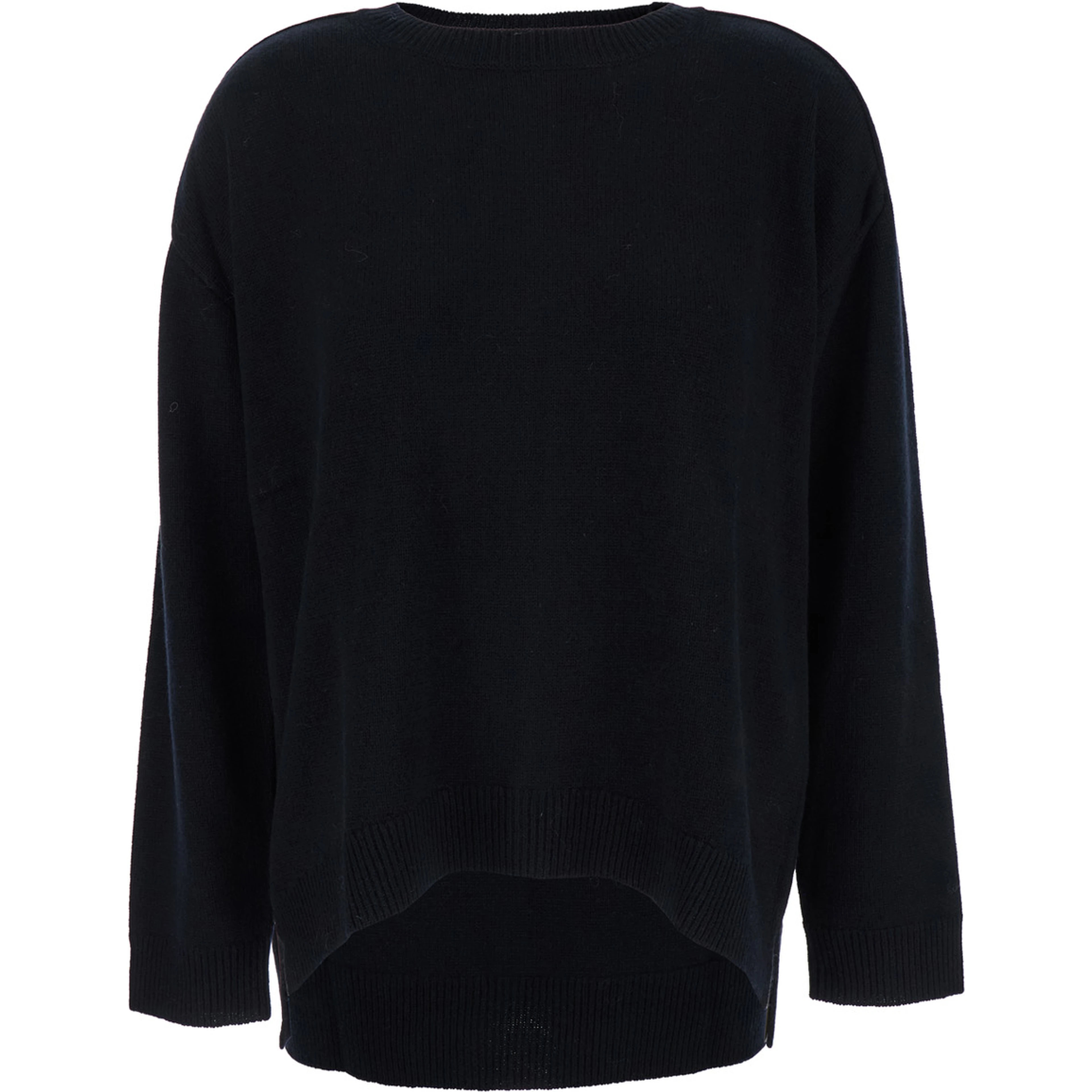 Black Crewneck Sweater with Asymmetric Hem in Wool and Cashmere Woman