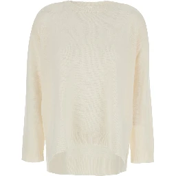 White Crewneck Sweater with Asymmetric Hem in Wool and Cashmere Woman
