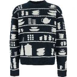 Black and White Crewneck Sweater with Tableware Motif in Wool Man
