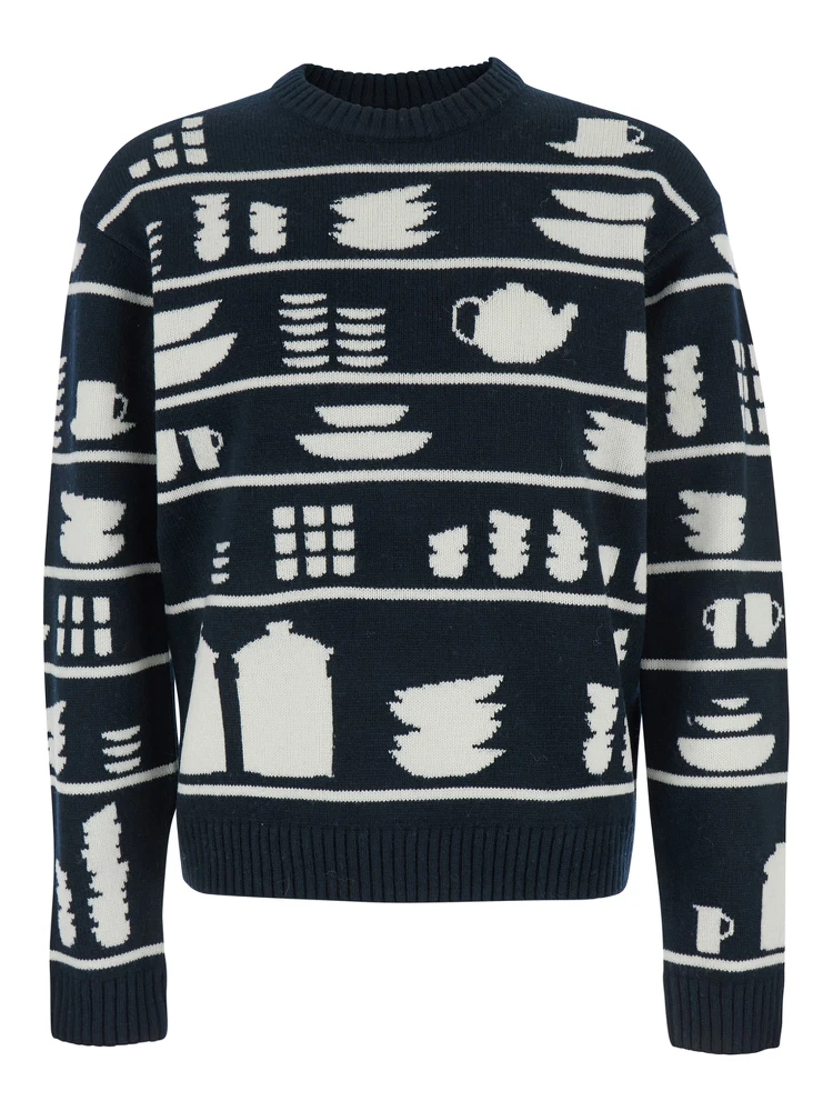 Black and White Crewneck Sweater with Tableware Motif in Wool Man
