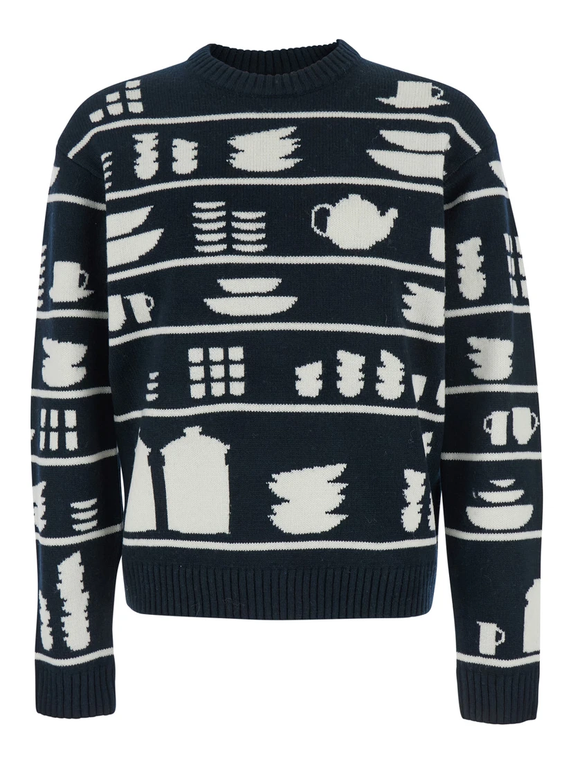 Black and White Crewneck Sweater with Tableware Motif in Wool Man