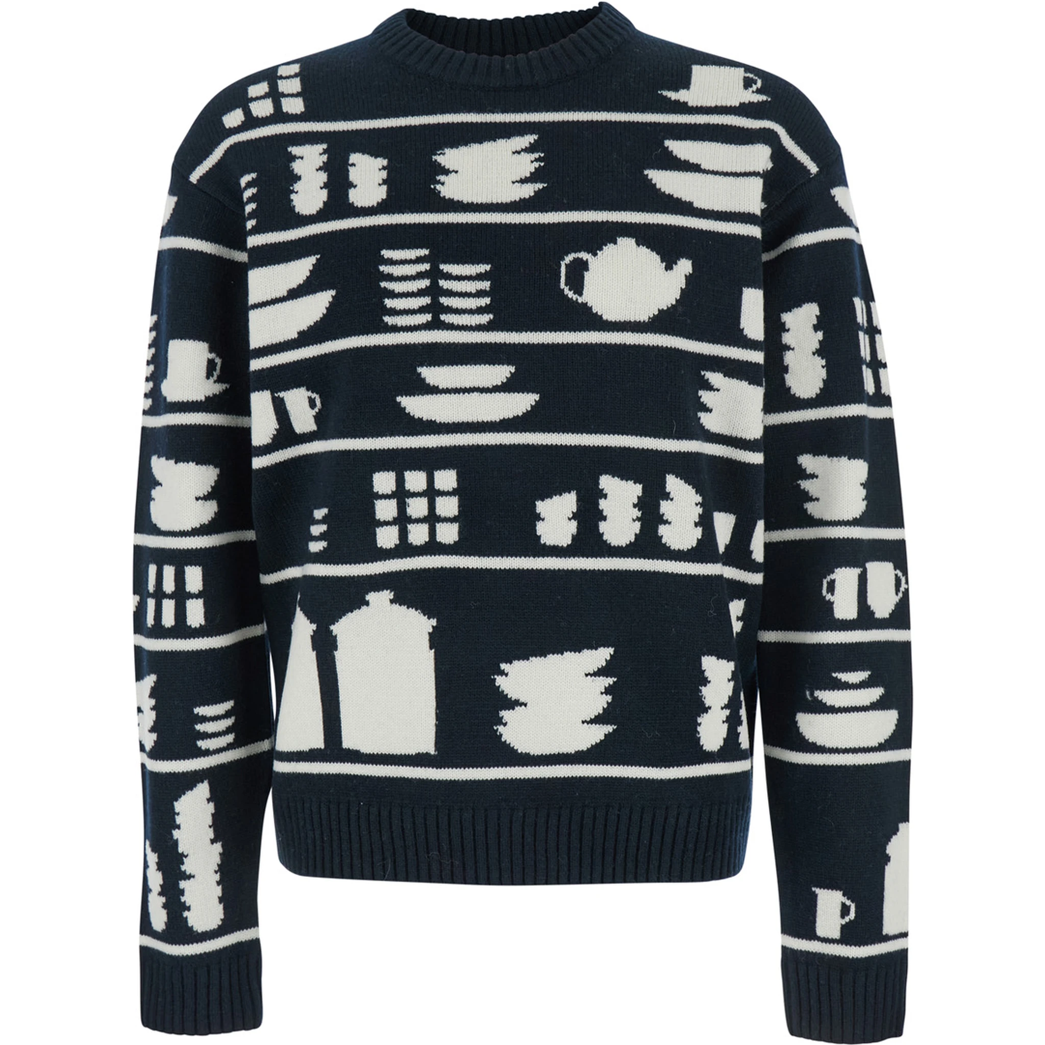 Black and White Crewneck Sweater with Tableware Motif in Wool Man