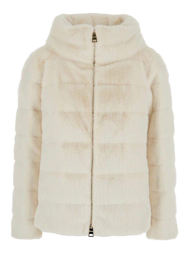 White Quilted Down Jacket with Front Zip Closure in Ecofur Woman
