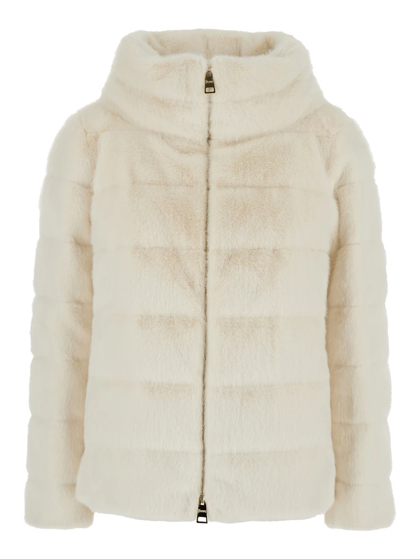 White Quilted Down Jacket with Front Zip Closure in Ecofur Woman