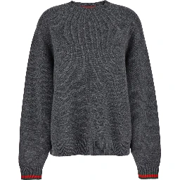 Grey Crewneck Sweater with Web Detail on the Cuffs in Wool and Cashmere Blend Woman
