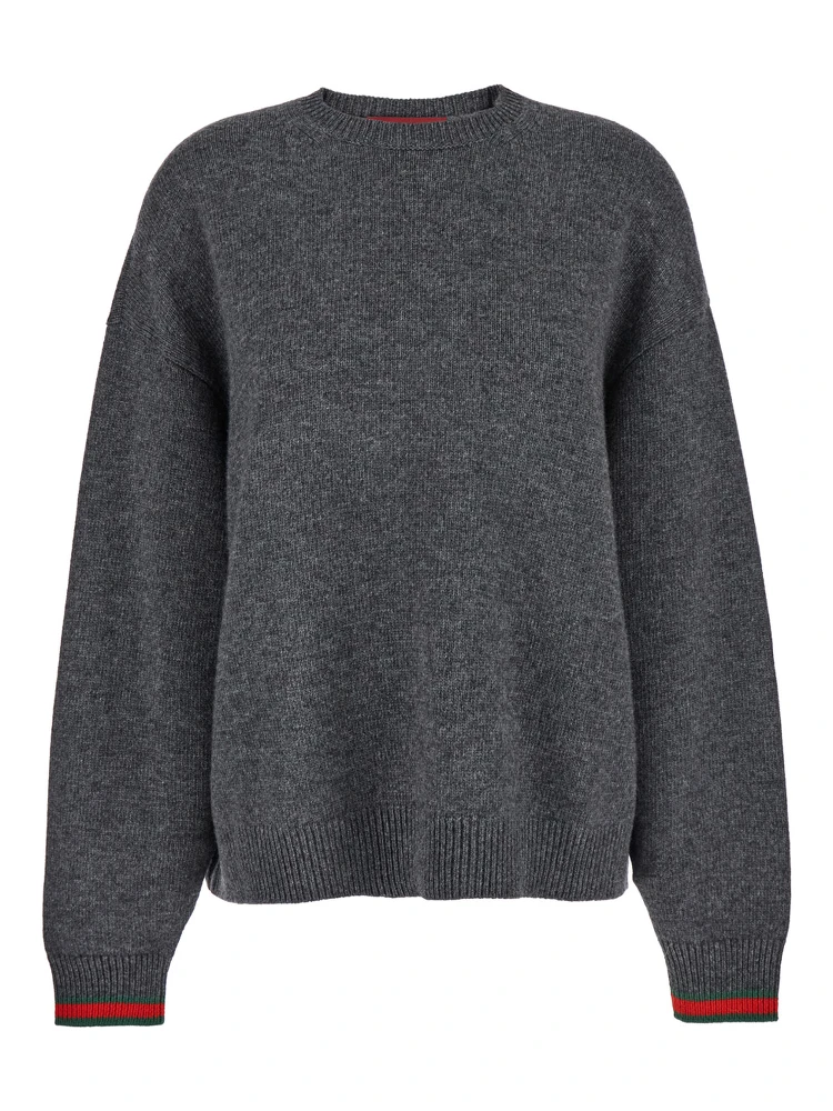 Grey Crewneck Sweater with Web Detail on the Cuffs in Wool and Cashmere Blend Woman
