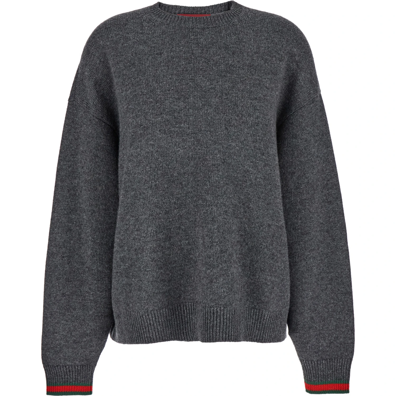 Grey Crewneck Sweater with Web Detail on the Cuffs in Wool and Cashmere Blend Woman