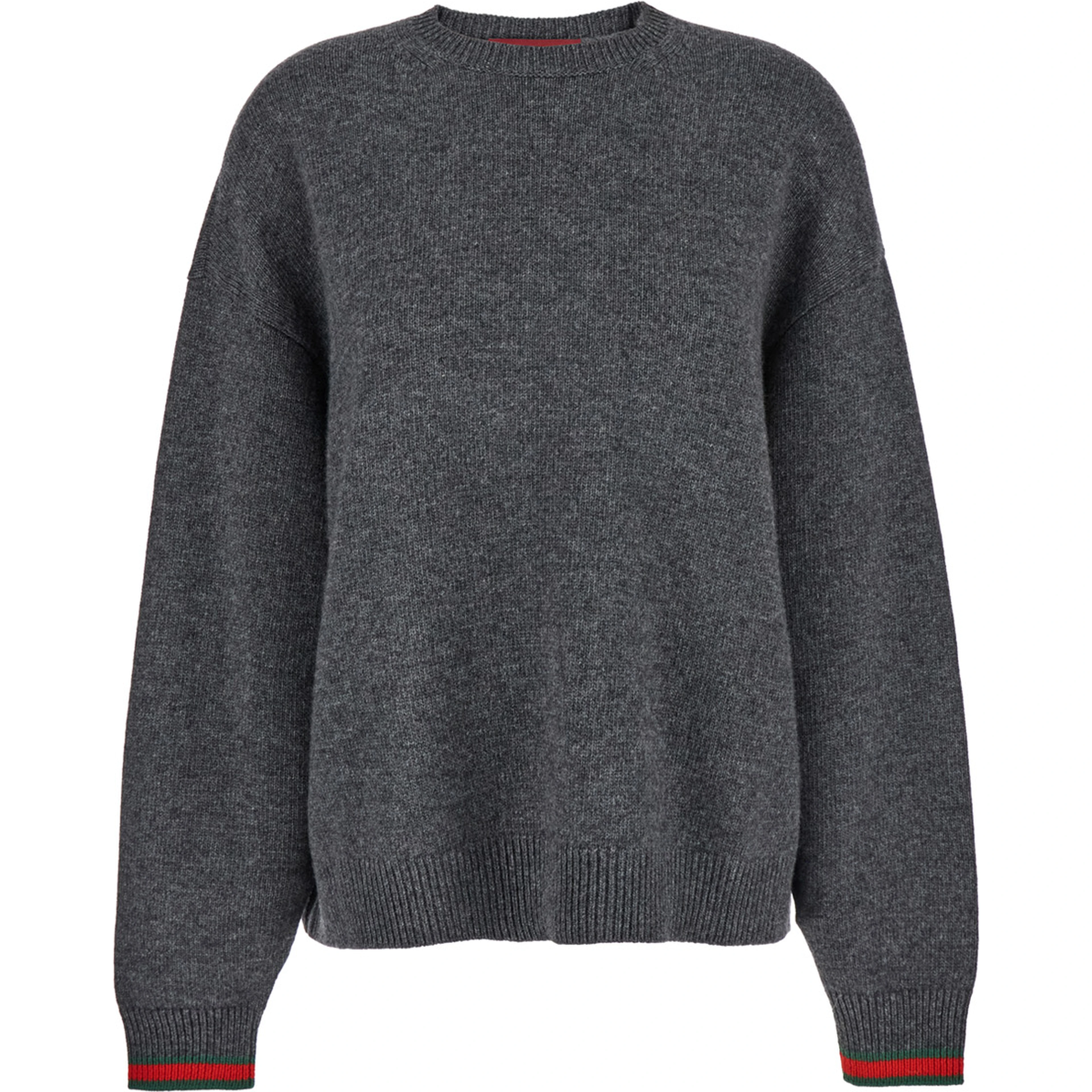 Grey Crewneck Sweater with Web Detail on the Cuffs in Wool and Cashmere Blend Woman