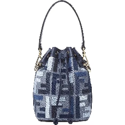 ‘Mon Tresor Mini’ Blue Bucket Bag with Drawstring Closure and All-Over FF Motif in Cotton Blend Woman