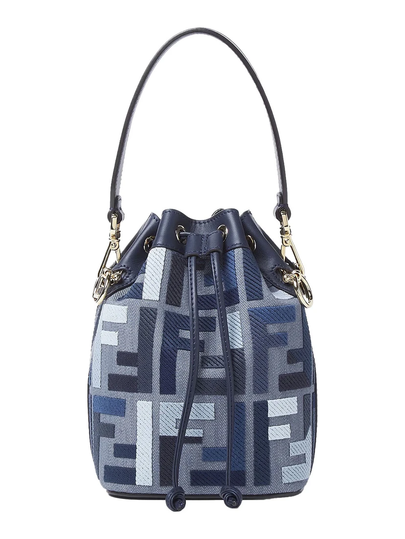‘Mon Tresor Mini’ Blue Bucket Bag with Drawstring Closure and All-Over FF Motif in Cotton Blend Woman