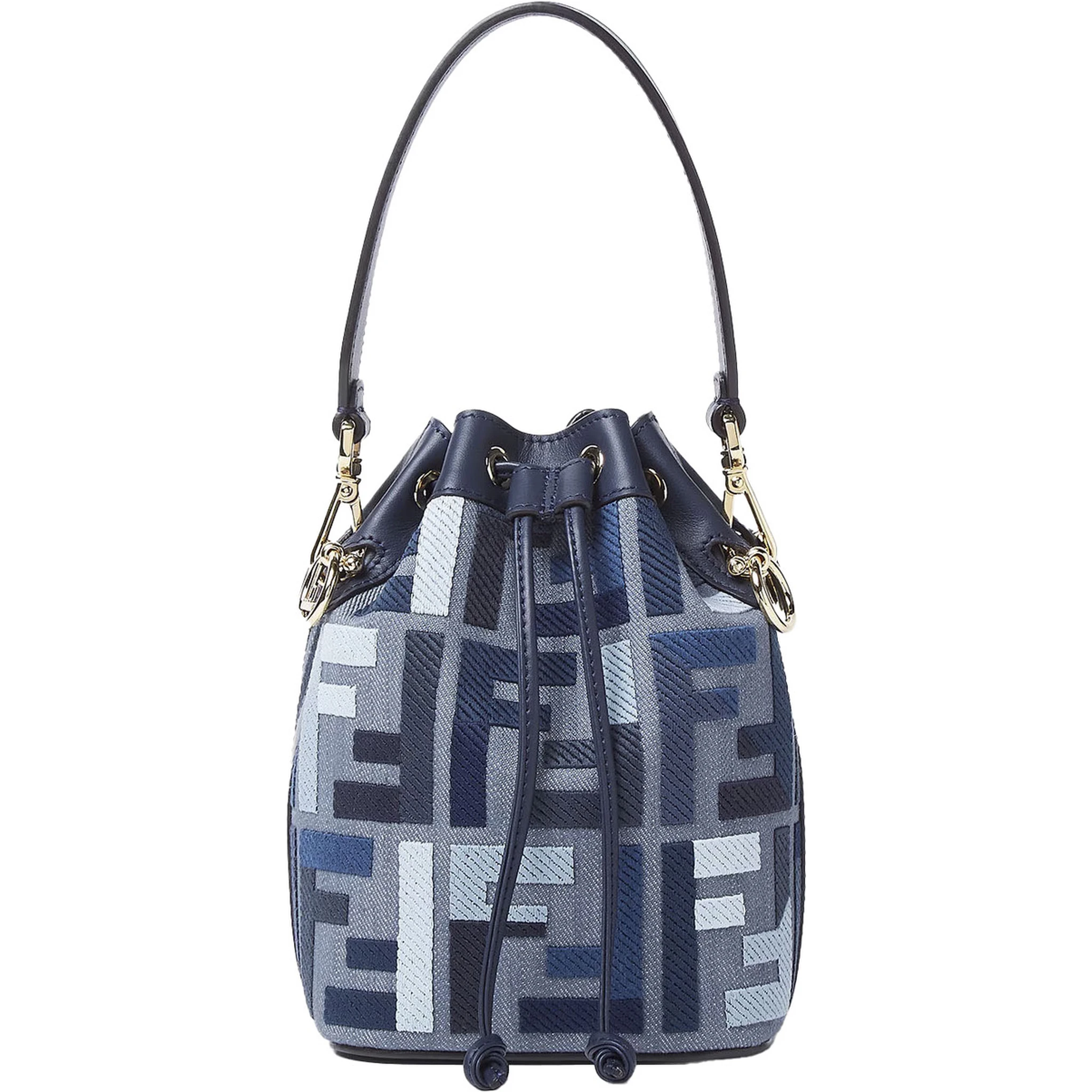 ‘Mon Tresor Mini’ Blue Bucket Bag with Drawstring Closure and All-Over FF Motif in Cotton Blend Woman