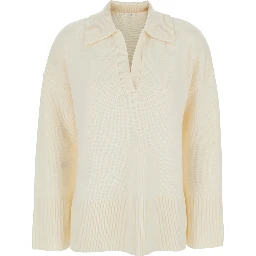 White Sweater with Polo Shirt Style Collar and Dropped Shoulder in Wool and Cashmere Woman