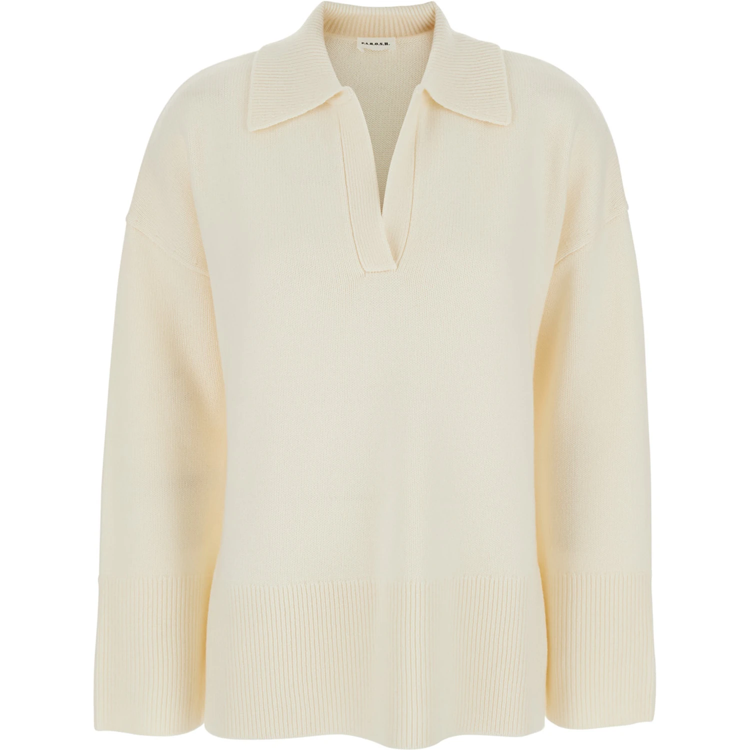 White Sweater with Polo Shirt Style Collar and Dropped Shoulder in Wool and Cashmere Woman