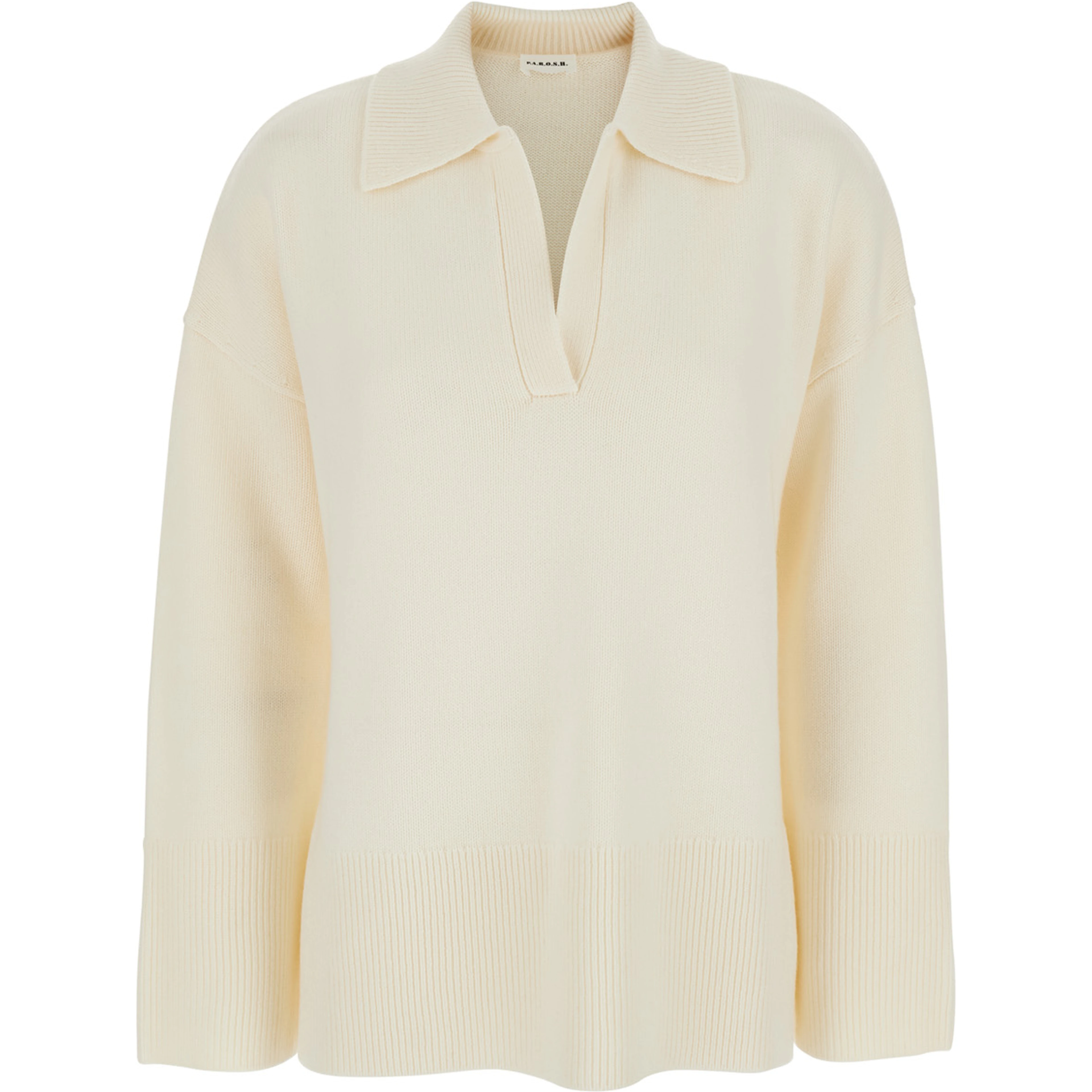 White Sweater with Polo Shirt Style Collar and Dropped Shoulder in Wool and Cashmere Woman