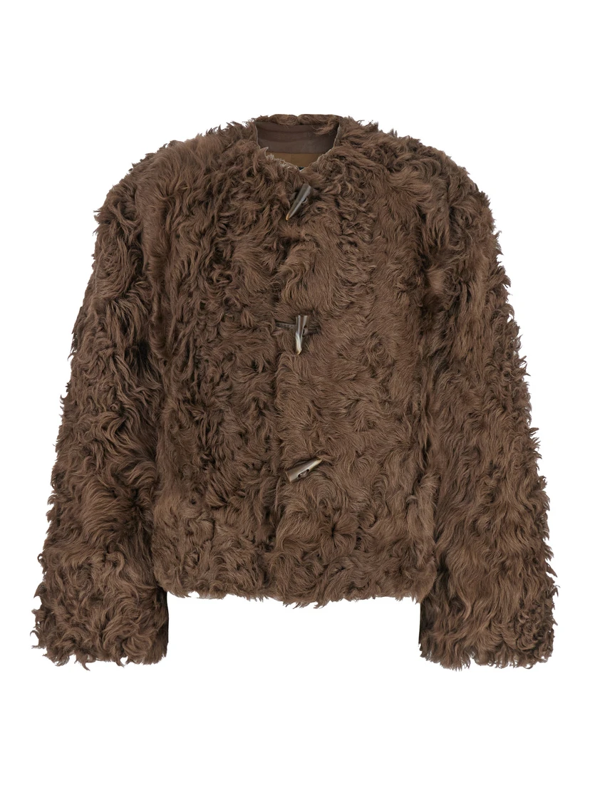 Brown Collarless Fur Jacket with Front Toggle Closure in Fur Woman