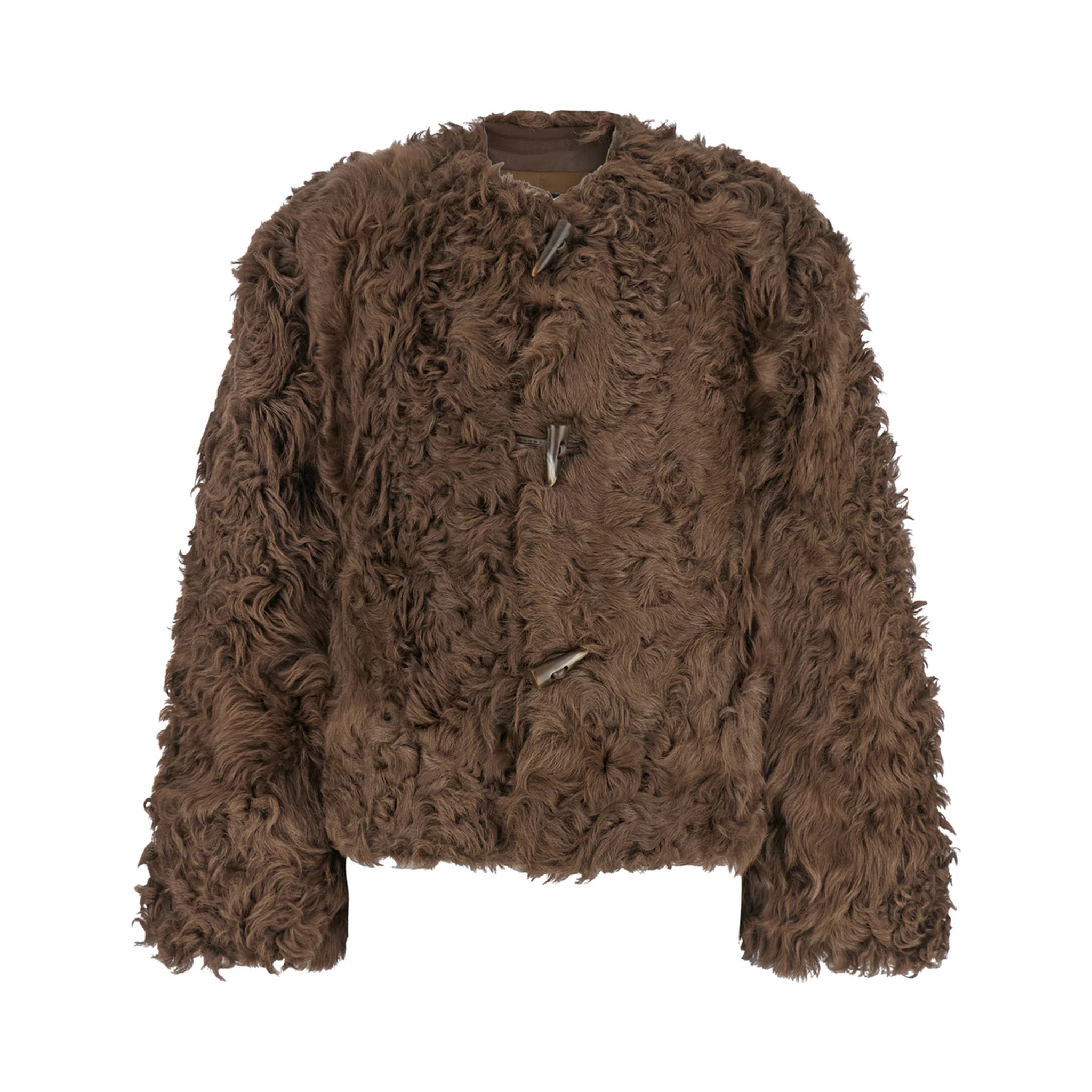 Brown Collarless Fur Jacket with Front Toggle Closure in Fur Woman