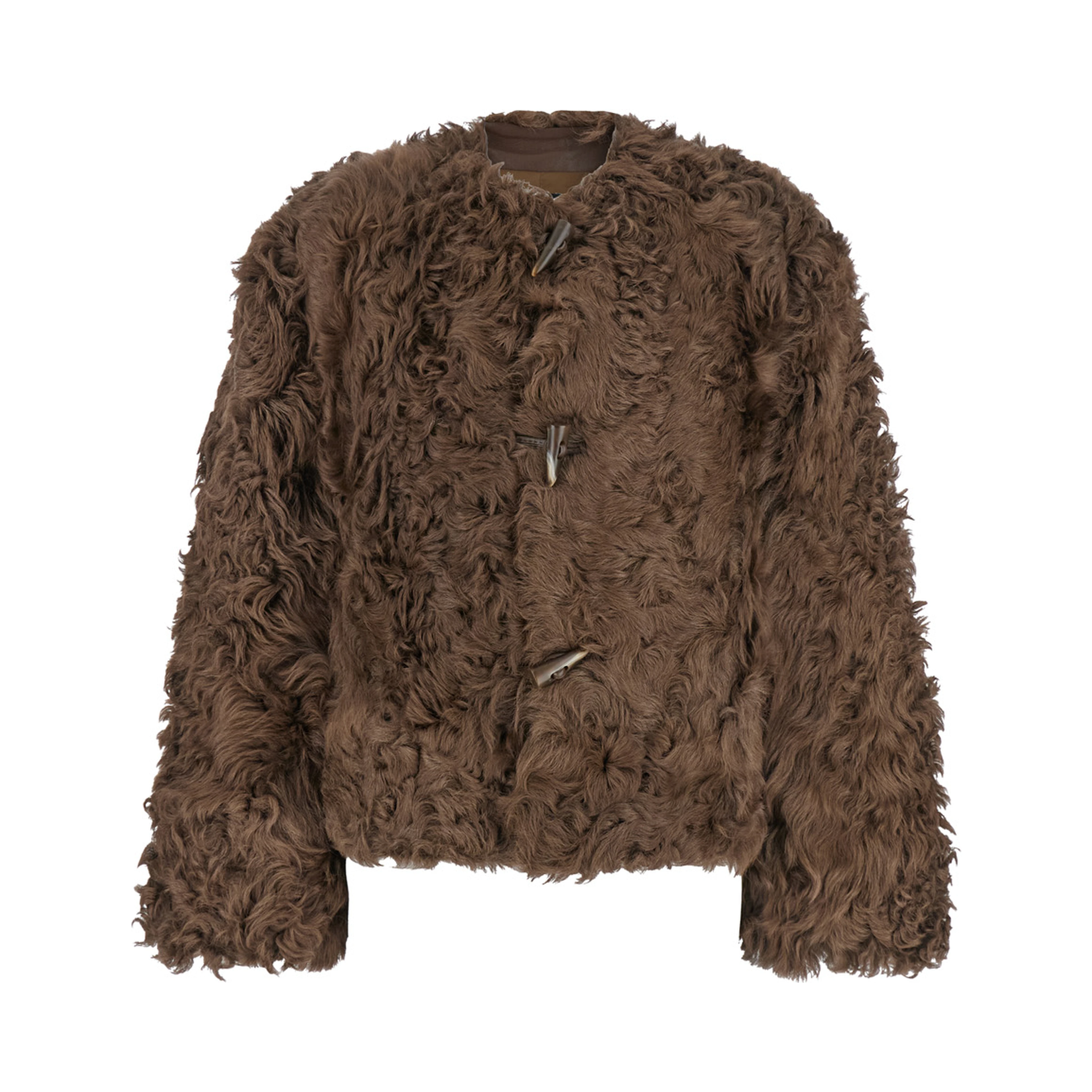 Brown Collarless Fur Jacket with Front Toggle Closure in Fur Woman