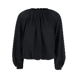 Black Top with Dropped Shoulders and Curlsin Fabric Woman