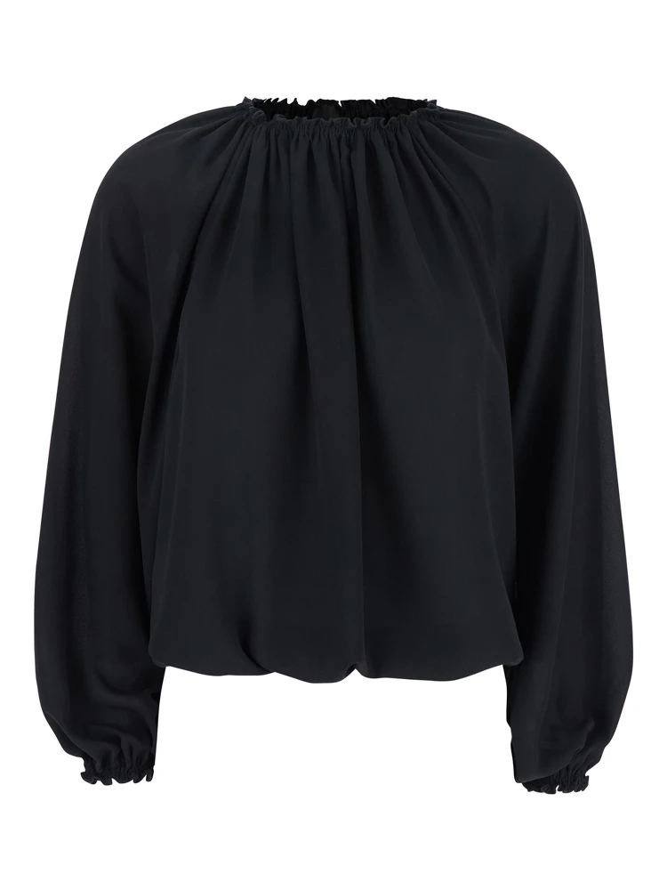 Black Top with Dropped Shoulders and Curlsin Fabric Woman