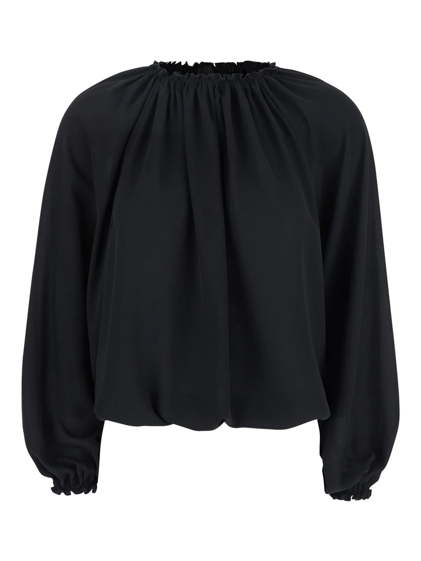 Black Top with Dropped Shoulders and Curlsin Fabric Woman