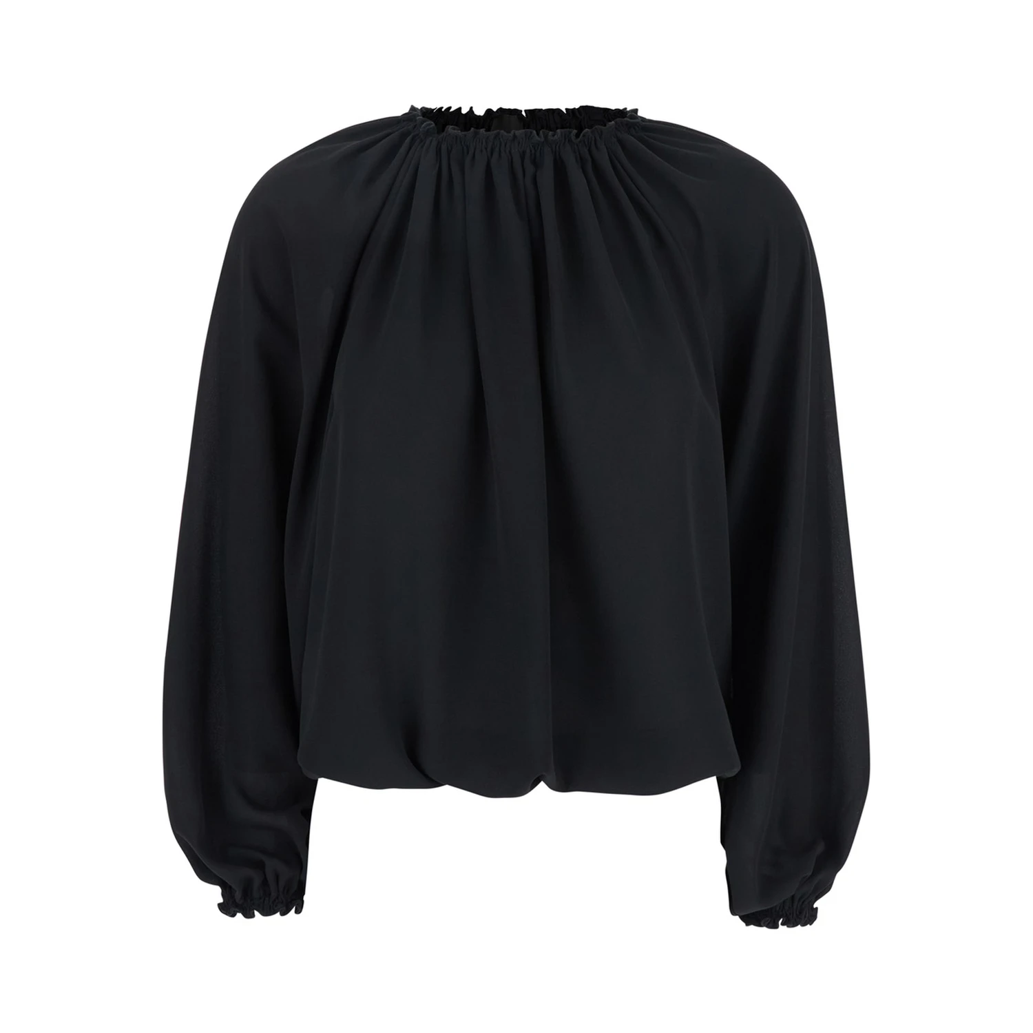 Black Top with Dropped Shoulders and Curlsin Fabric Woman