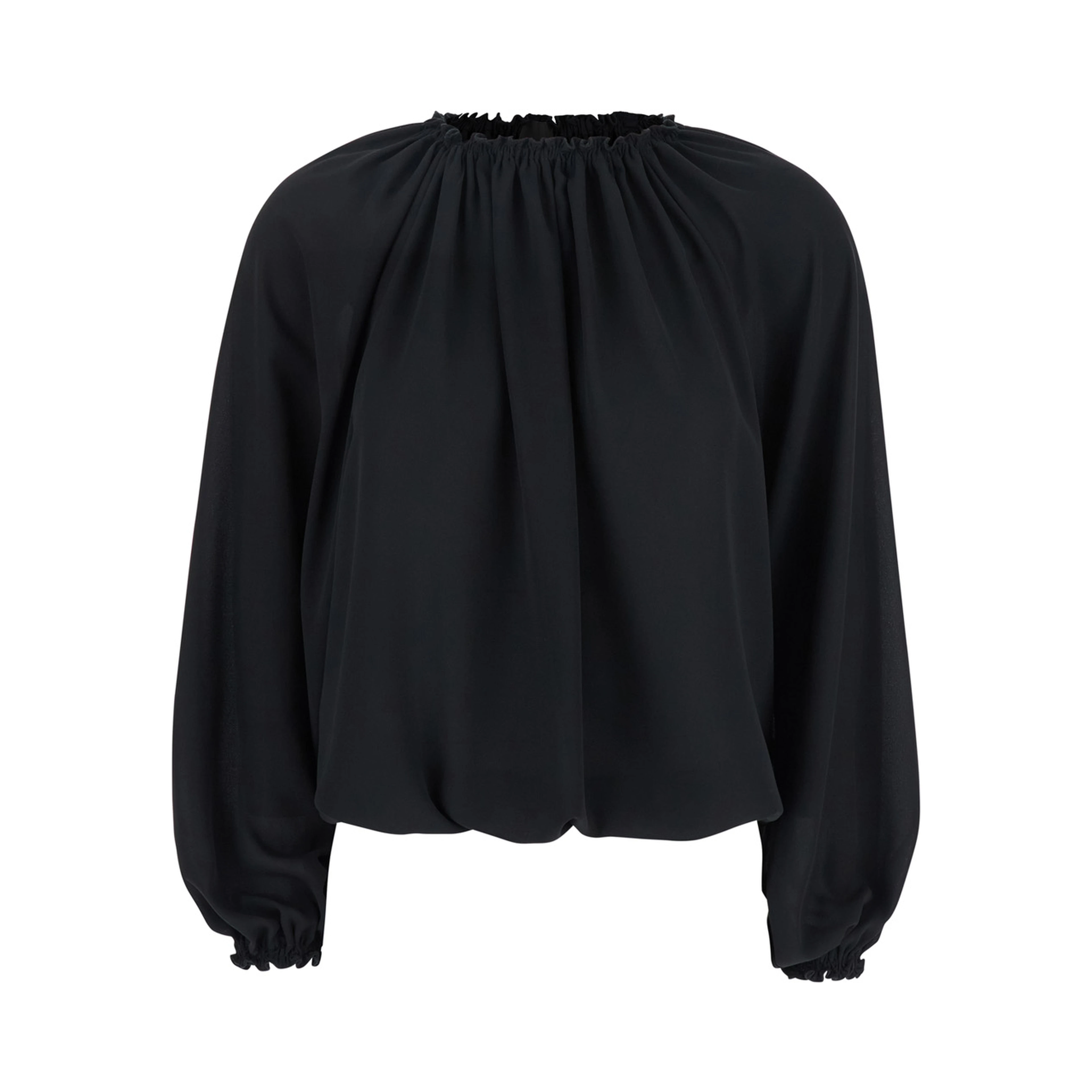 Black Top with Dropped Shoulders and Curlsin Fabric Woman
