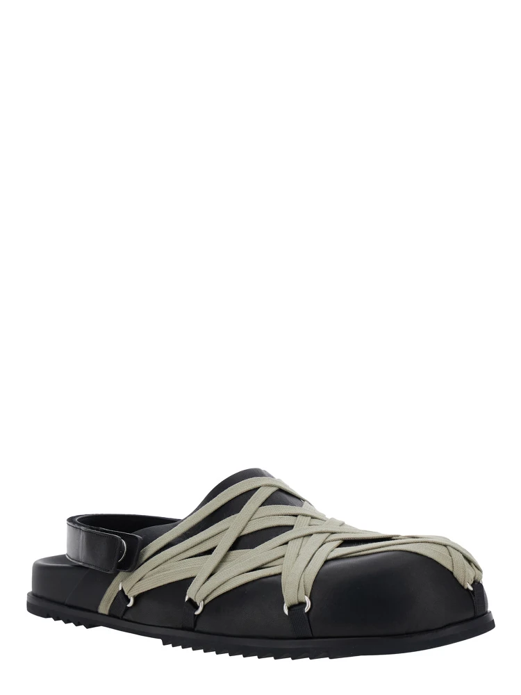 Black Mules with Oversize Decorative Laces and Buckle Closure in Leather Man alternative