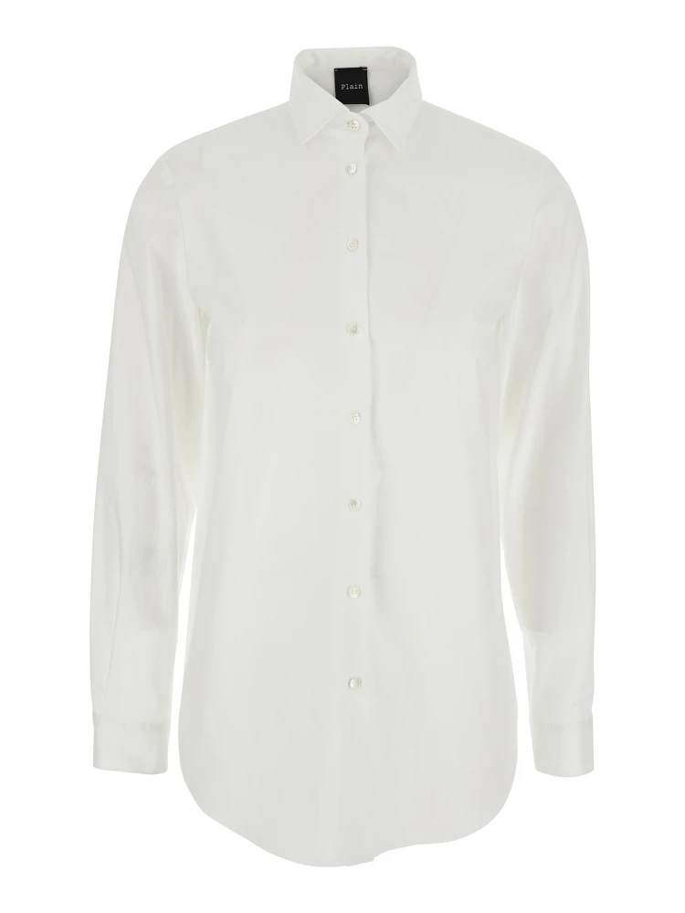 White Shirt with Classic Collar and Curved Hem in Cotton Woman