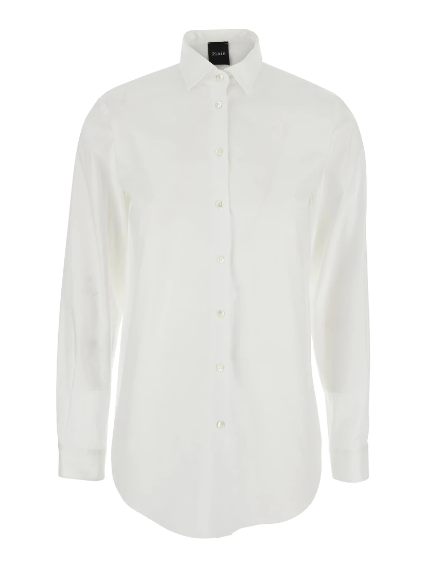 White Shirt with Classic Collar and Curved Hem in Cotton Woman