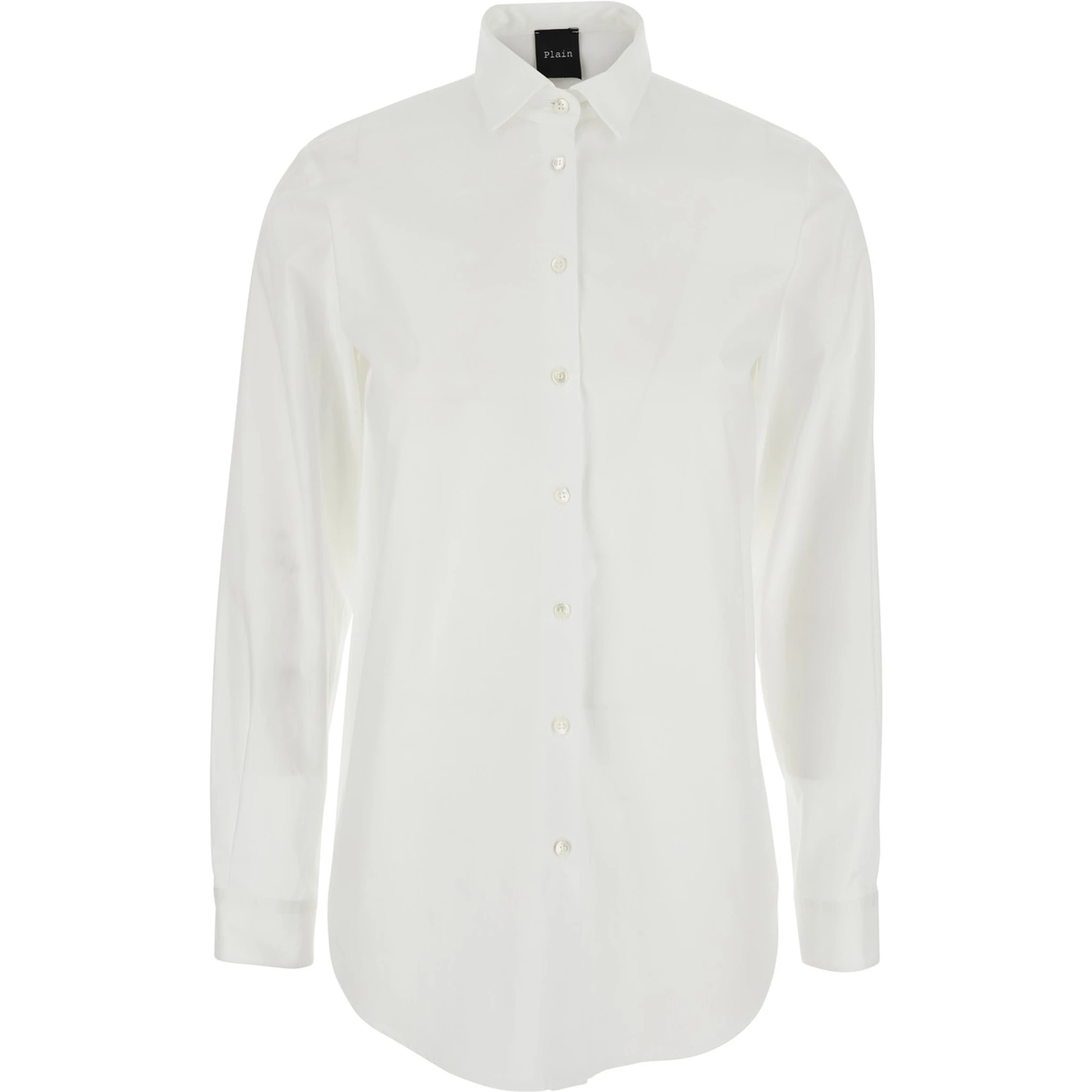 White Shirt with Classic Collar and Curved Hem in Cotton Woman