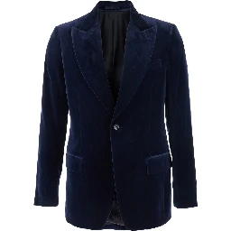 Blue Single-Breasted Jacket with Pointed Lapels in Velvet Man