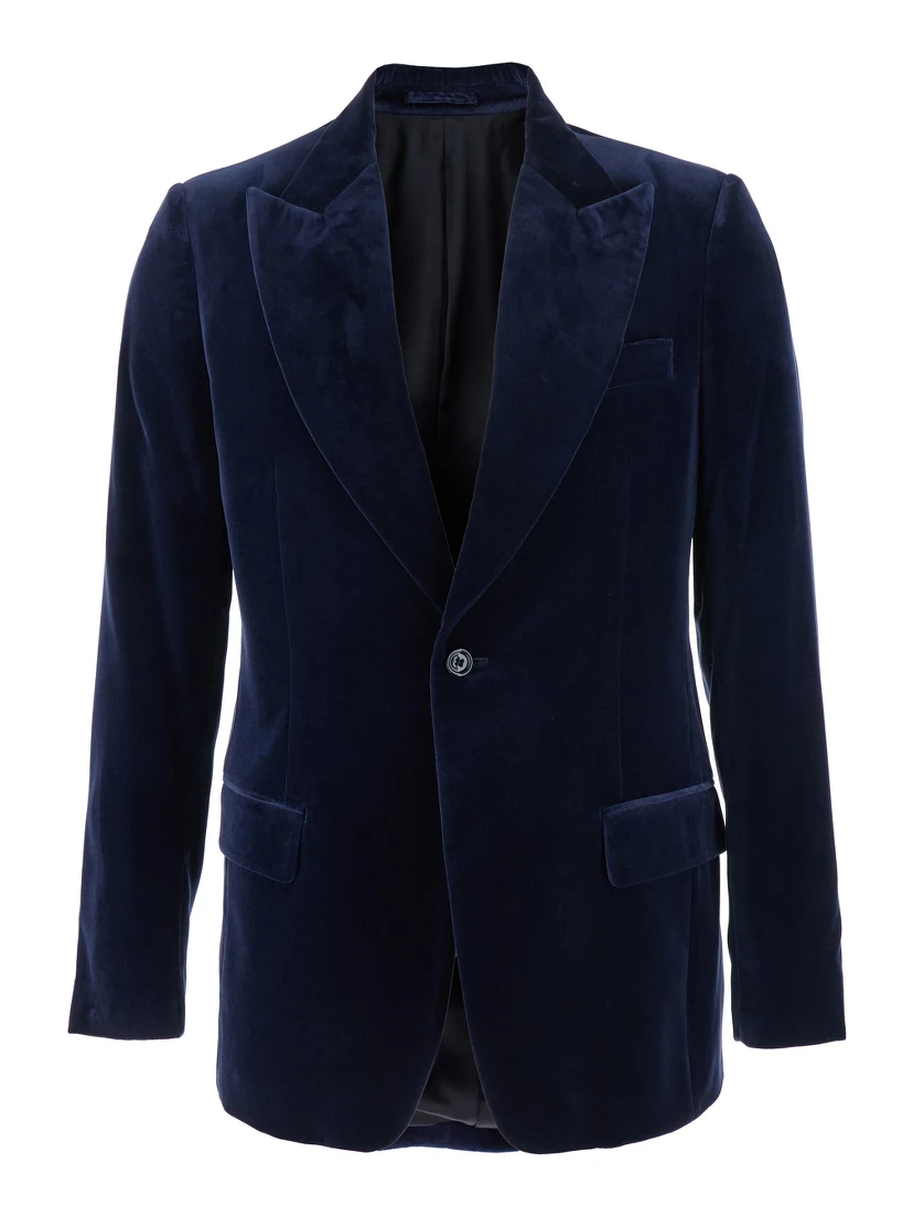 Blue Single-Breasted Jacket with Pointed Lapels in Velvet Man