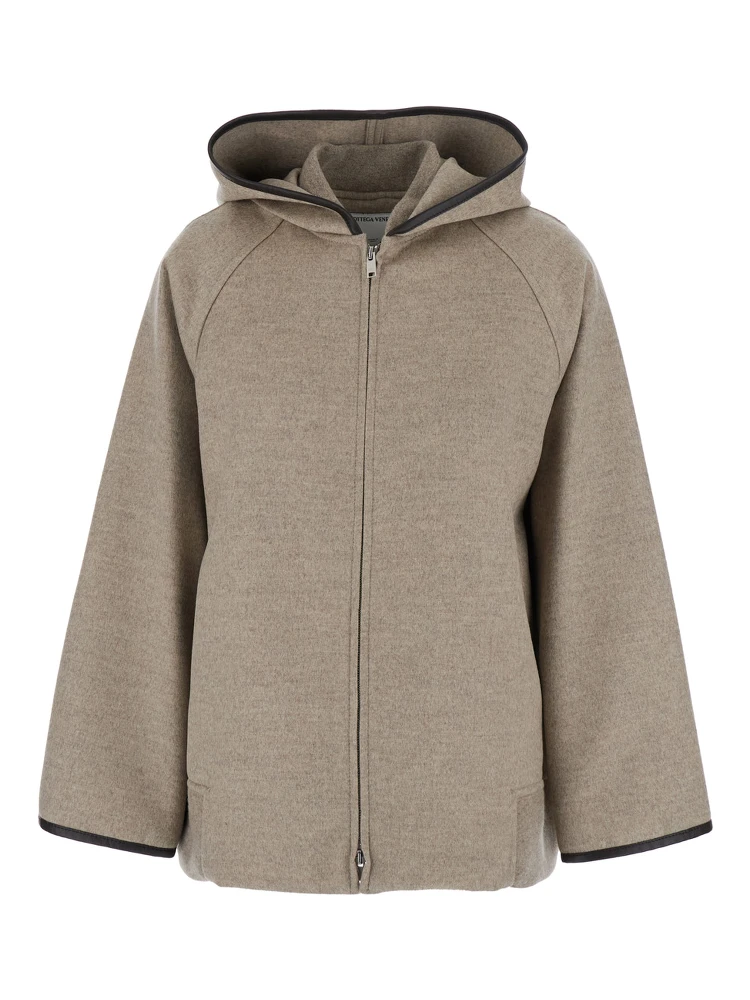 Beige Coat with Hood and Leather Trims in Wool and Cashmere Woman
