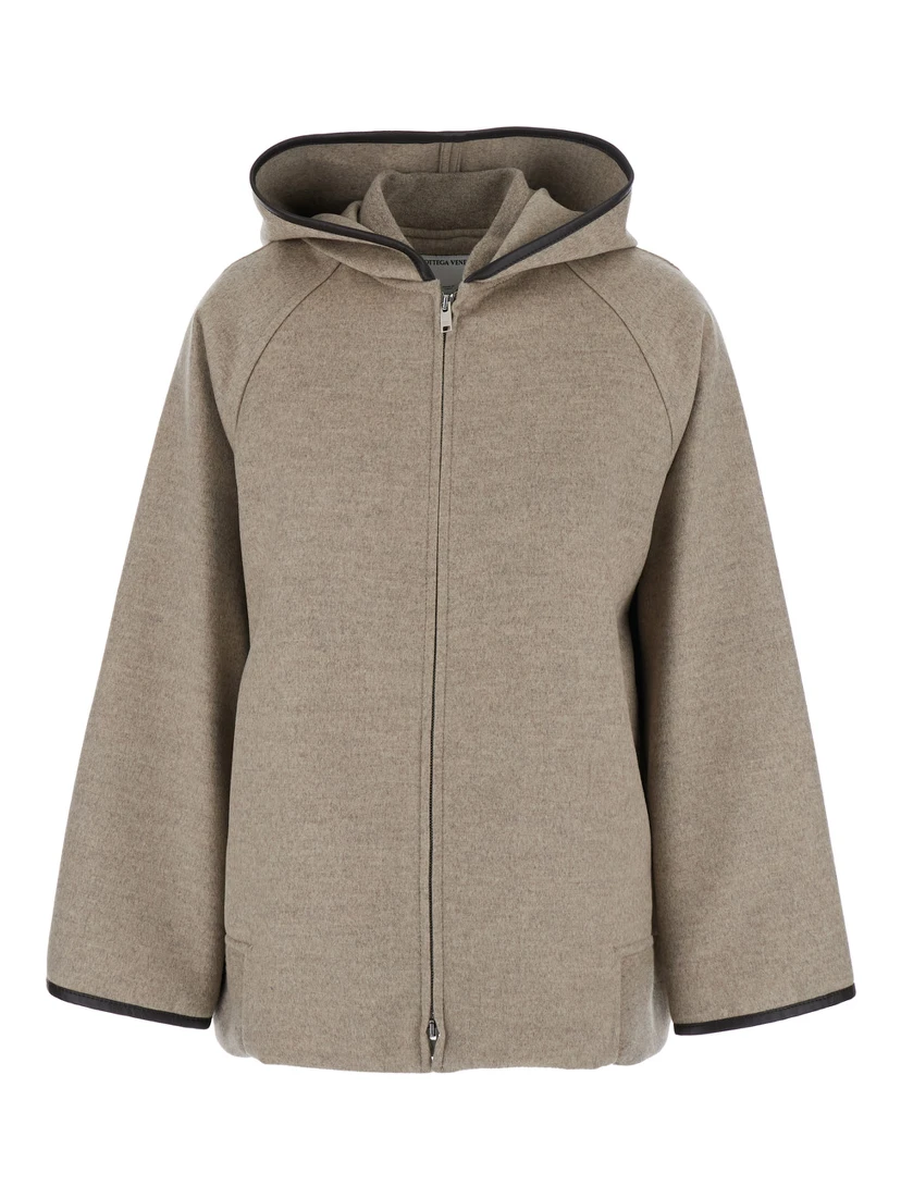 Beige Coat with Hood and Leather Trims in Wool and Cashmere Woman