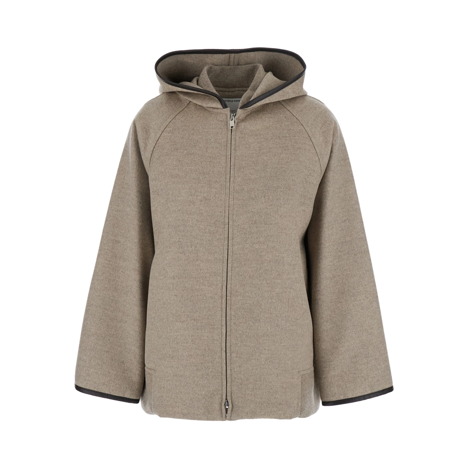 Beige Coat with Hood and Leather Trims in Wool and Cashmere Woman