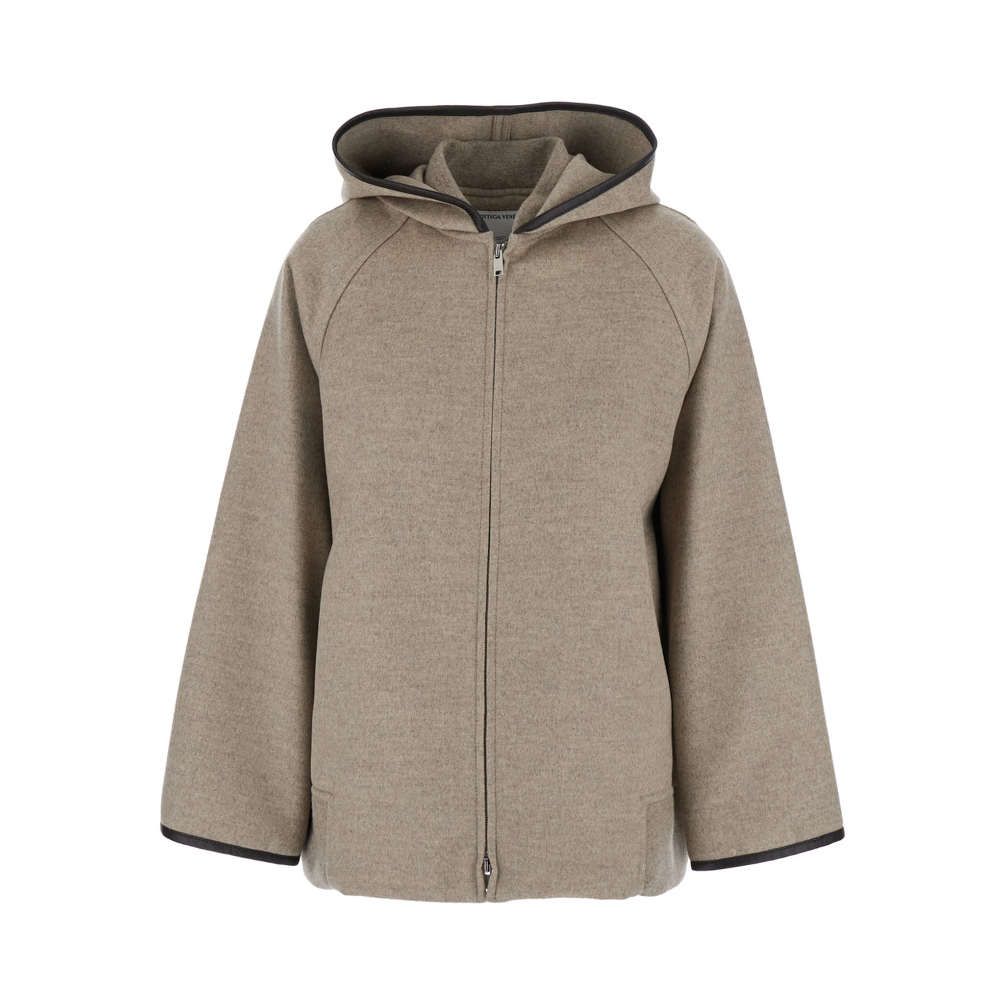 Beige Coat with Hood and Leather Trims in Wool and Cashmere Woman