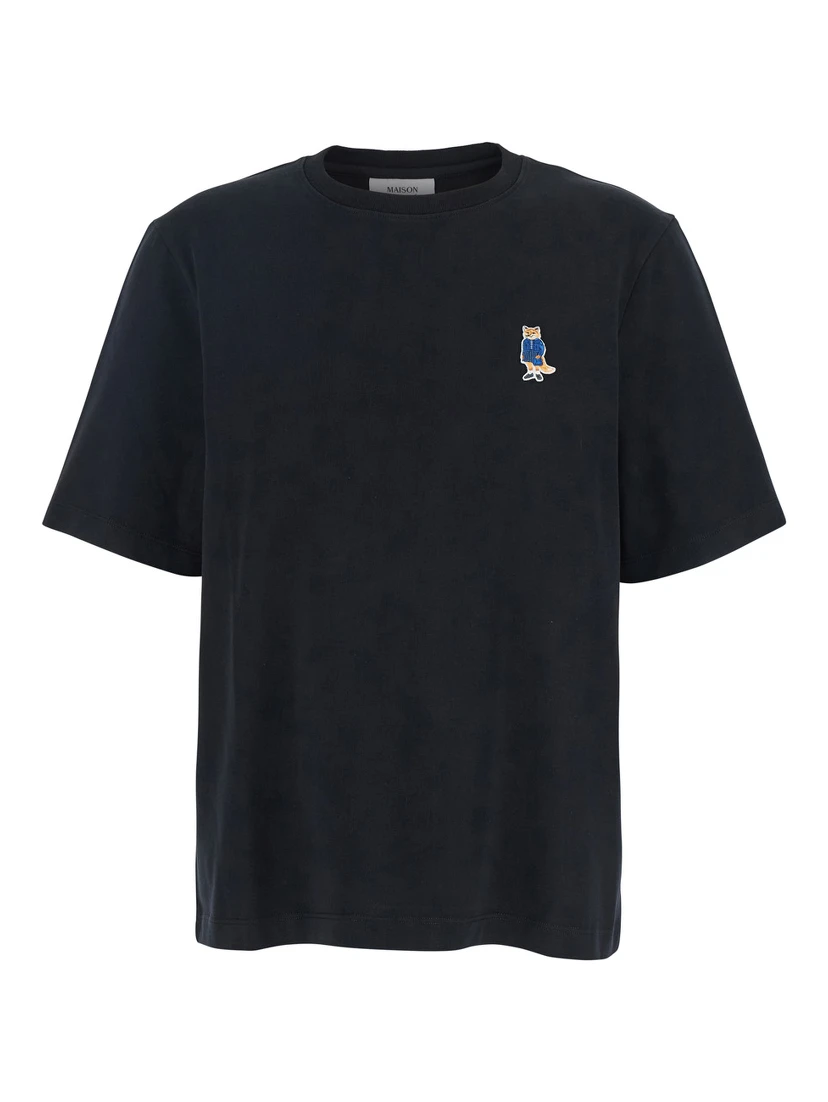 Black T-Shirt with Fox Head Patch in Cotton Woman